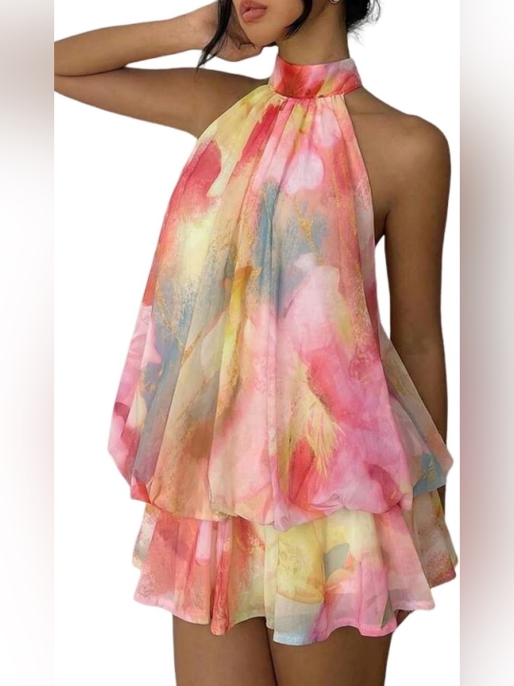 Halter Neck Watercolor Print Mini Dress in Pink
